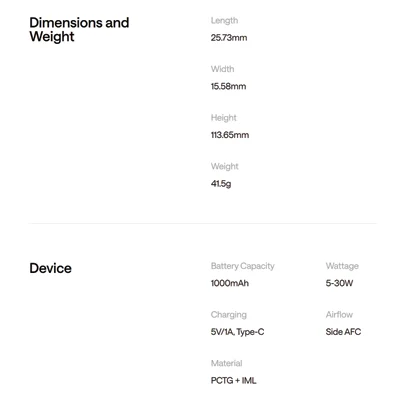OXVA Xlim GO Lite dimensions and specifications
